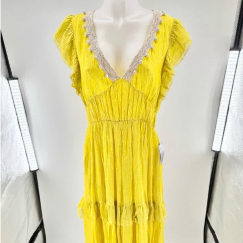 NWT 💗 CIEBON Nordstrom Metallic Stripe Tiered Ruffled Maxi Boho Dress M Yellow